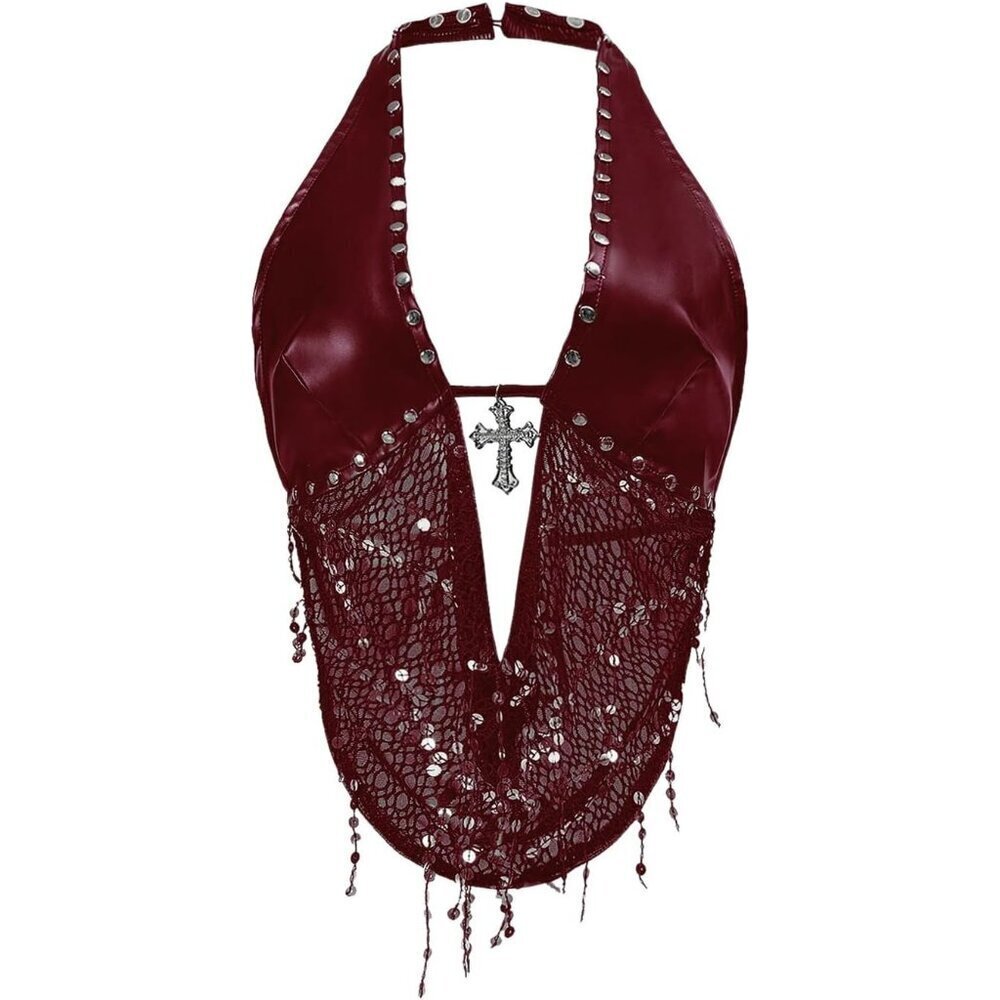 Women's Burgundy Gothic Grunge PU Leather Sparkly Halter V Neck Vest Crop Top